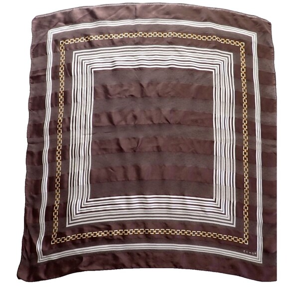 Echo Silk Scarf Brown Gold Chain White Stripe MCM Pattern 35" x 33" Mid Century - Picture 7 of 7